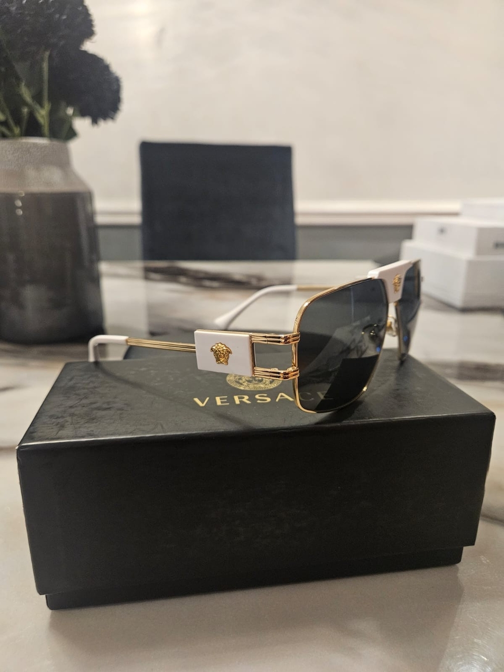 Versace White & Gold Aviator Sunglasses with Dark Lenses
